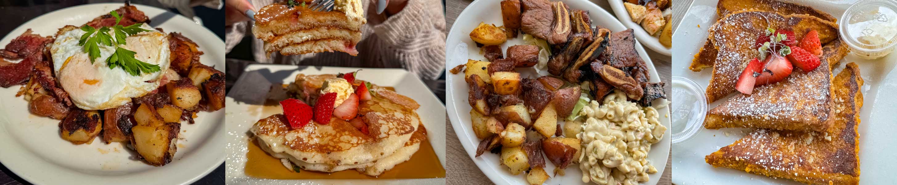 Two Eggs with Home Fried Potatoes and Corned Beef Hash, Strawberry Pancakes, Hawaiian BBQ Beef with Home Fried Potatoes and Macaroni Salad, Strawberry French Toast