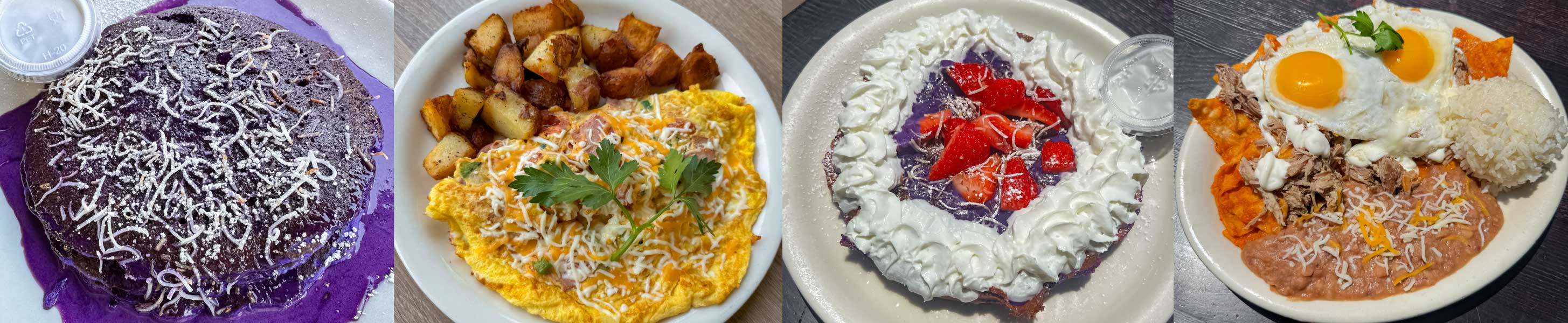 Ube Coconut Pancakes, Ham and Cheese Omelette, Ube Waffle, Island Chilaquiles