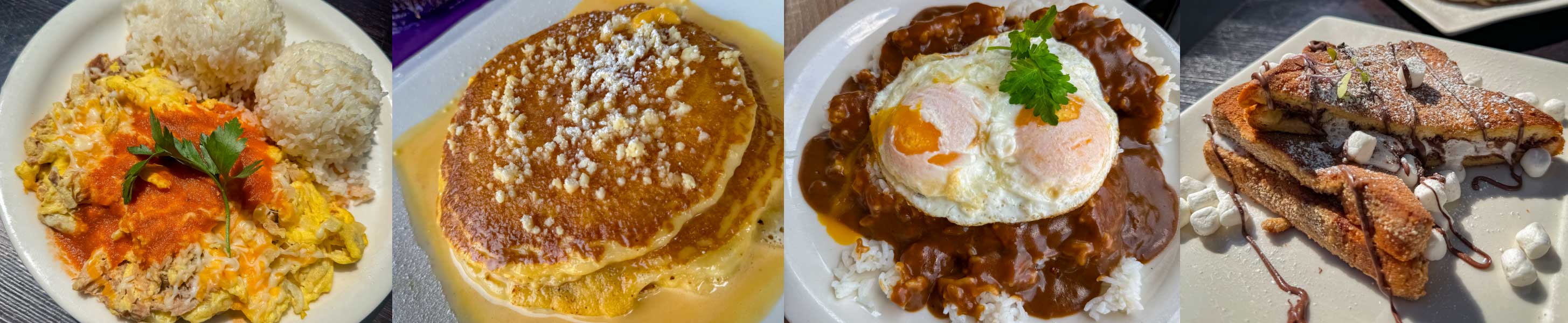 Kalua Pork Omelette, White Lava Pancakes, Loco Moco, Kings Hawaiian French Toast