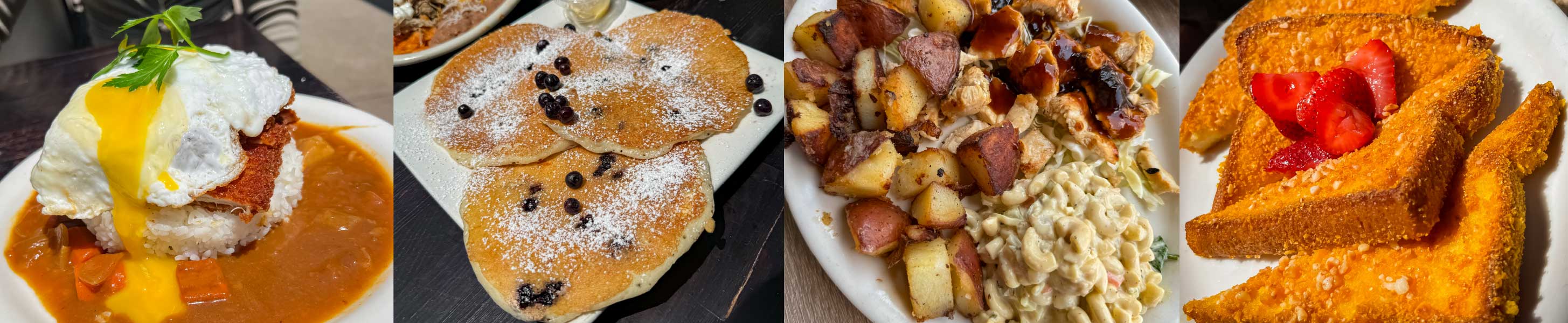 Chicken Katsu Loco Moco, Blueberry Pancakes, Hawaiian BBQ Chicken Lunch Plate, Captain Mac'Nut French Toast 